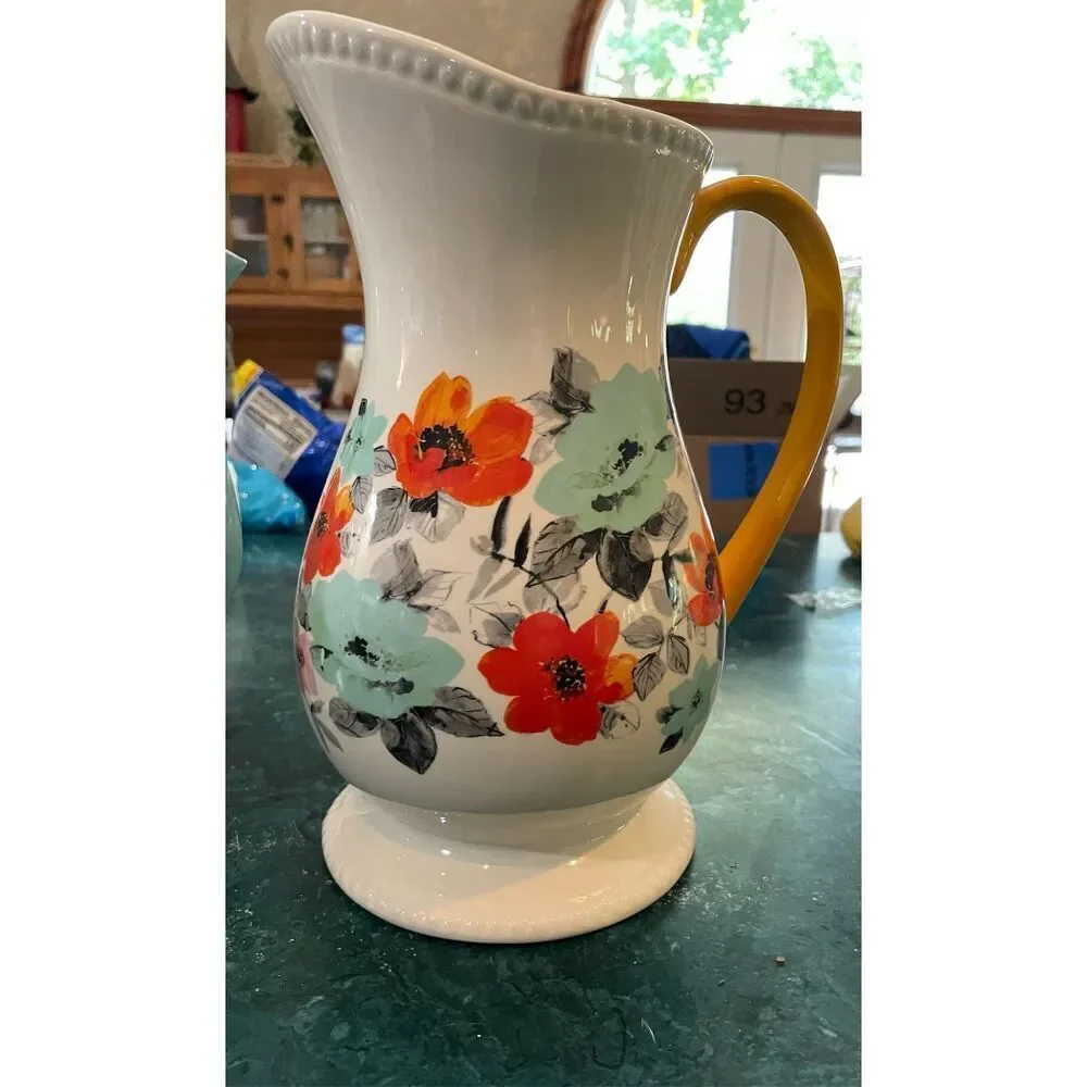Pioneer Woman Pitcher Stoneware Flea Market Floral Footed 2 Quart